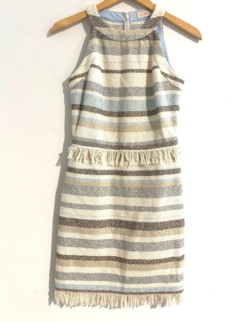 Tory Burch Sleeveless Tweed Dress Cream Grey Sky Blue Striped Fringe Trim Size 2
